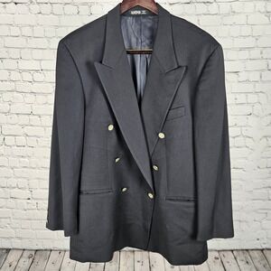 Vintage Kasper Blazer Womens 42R Black Double Breasted Wool‎ Gold Button Made In